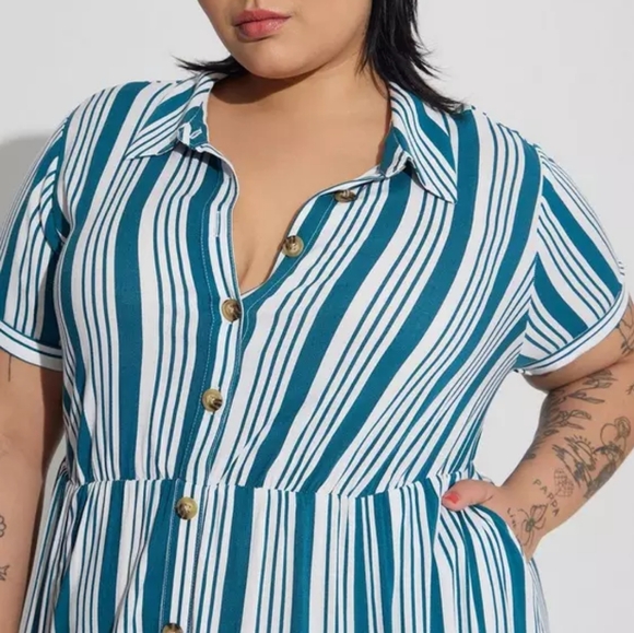 Torrid Blue and White Striped Maxi Rayon Slub Button Front Godet A-line Dress - Picture 9 of 11